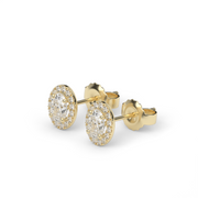 Yellow Gold Oval Cut Diamond Halo Stud Earrings With U Cut Setting.